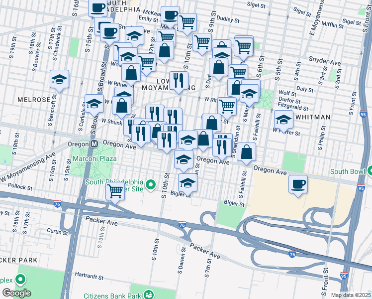 map of restaurants, bars, coffee shops, grocery stores, and more near 2647 South Percy Street in Philadelphia