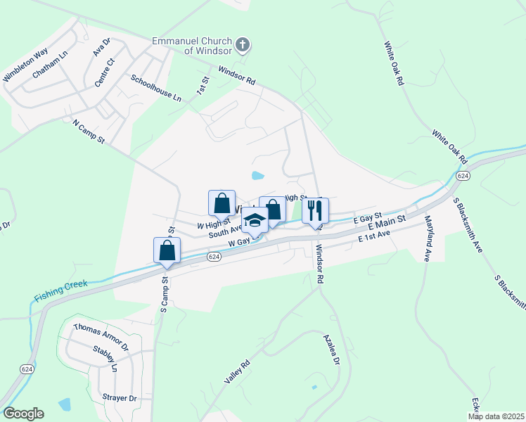 map of restaurants, bars, coffee shops, grocery stores, and more near 7 East High Street in Windsor