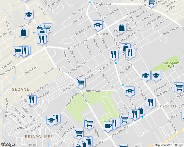 map of restaurants, bars, coffee shops, grocery stores, and more near 247 Pine Street in Glenolden