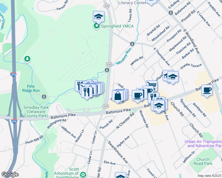 map of restaurants, bars, coffee shops, grocery stores, and more near 320 Gibbons Road in Springfield