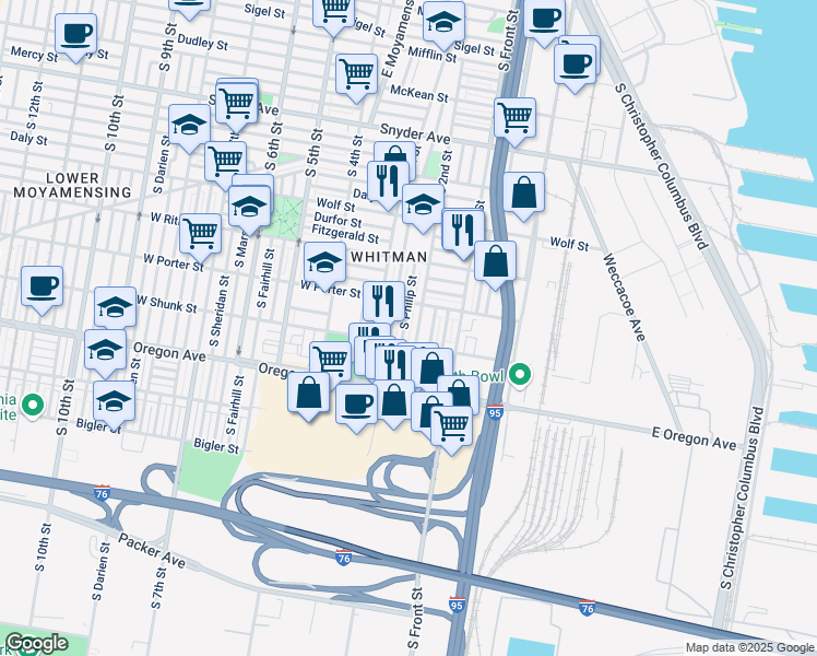 map of restaurants, bars, coffee shops, grocery stores, and more near 2535 South Philip Street in Philadelphia