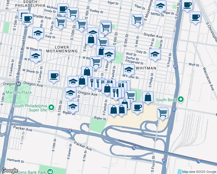 map of restaurants, bars, coffee shops, grocery stores, and more near 2611 South 6th Street in Philadelphia
