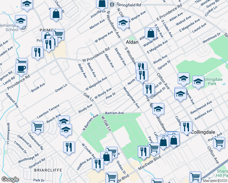 map of restaurants, bars, coffee shops, grocery stores, and more near 247 Pine Street in Glenolden