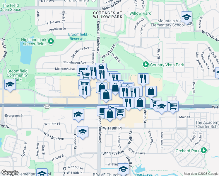 map of restaurants, bars, coffee shops, grocery stores, and more near 5125 West 120th Avenue in Broomfield
