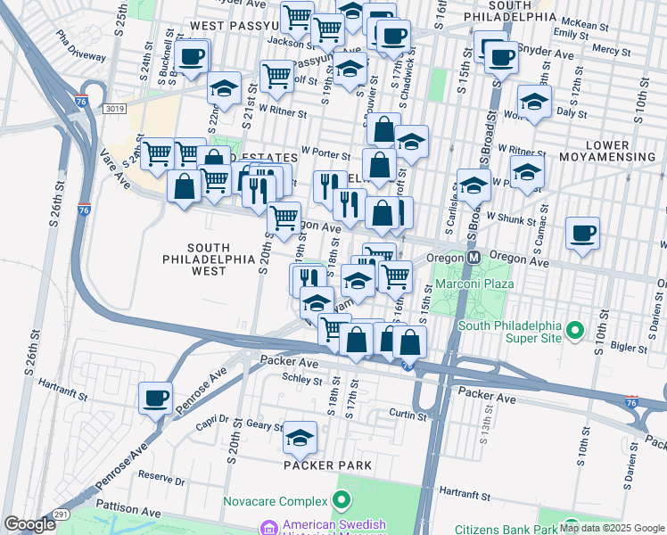 map of restaurants, bars, coffee shops, grocery stores, and more near 1748 Johnston Street in Philadelphia
