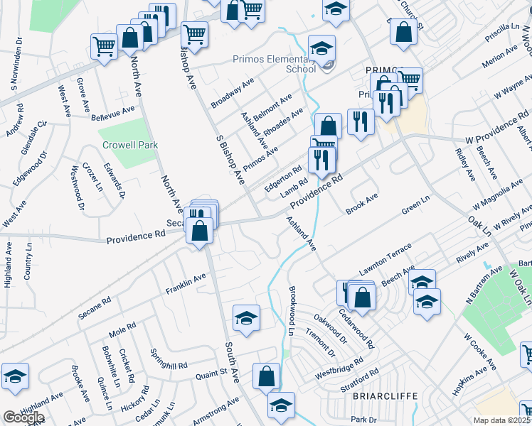 map of restaurants, bars, coffee shops, grocery stores, and more near 1111 Providence Road in Upper Darby