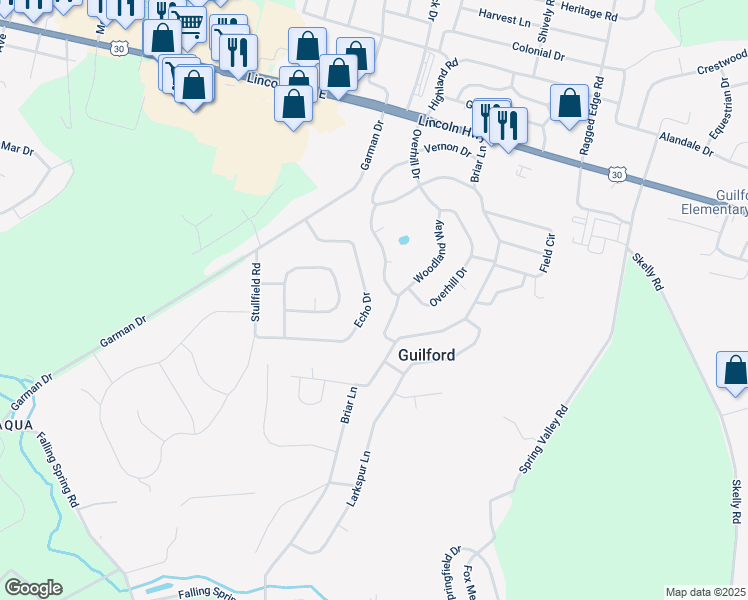 map of restaurants, bars, coffee shops, grocery stores, and more near 420 Overhill Drive in Chambersburg