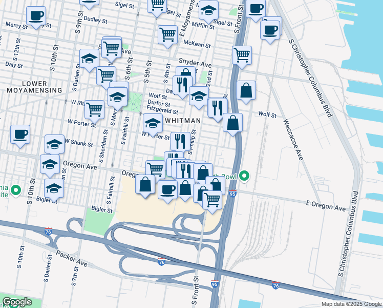 map of restaurants, bars, coffee shops, grocery stores, and more near 2535 South Philip Street in Philadelphia