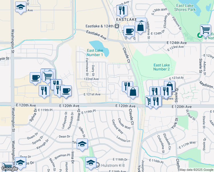 map of restaurants, bars, coffee shops, grocery stores, and more near Race Street in Northglenn