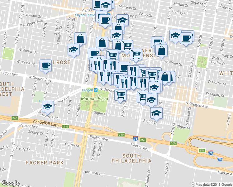 map of restaurants, bars, coffee shops, grocery stores, and more near 1220 West Oregon Avenue in Philadelphia