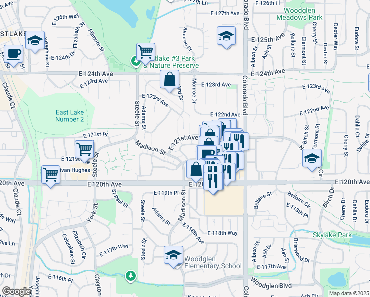 map of restaurants, bars, coffee shops, grocery stores, and more near 3351 East 120th Avenue in Thornton