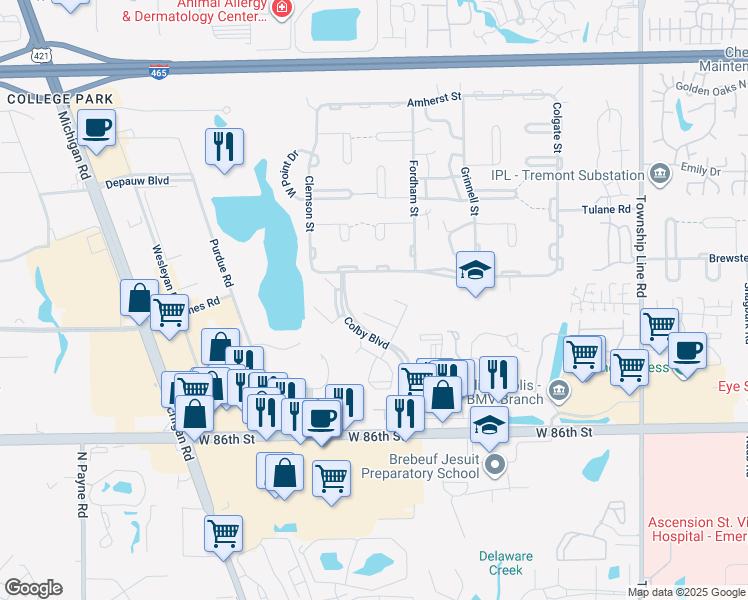 map of restaurants, bars, coffee shops, grocery stores, and more near 8851 Colby Boulevard in Indianapolis