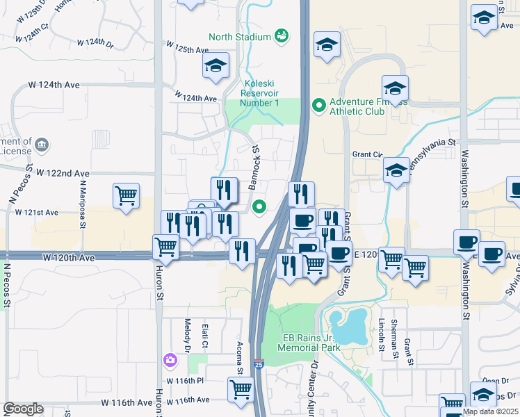 map of restaurants, bars, coffee shops, grocery stores, and more near 12130 Bannock Street in Westminster
