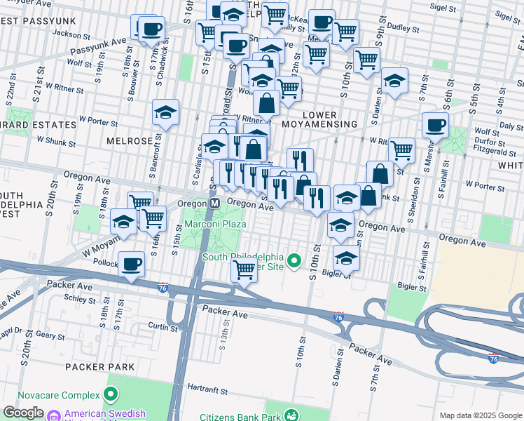 map of restaurants, bars, coffee shops, grocery stores, and more near 1220 West Oregon Avenue in Philadelphia
