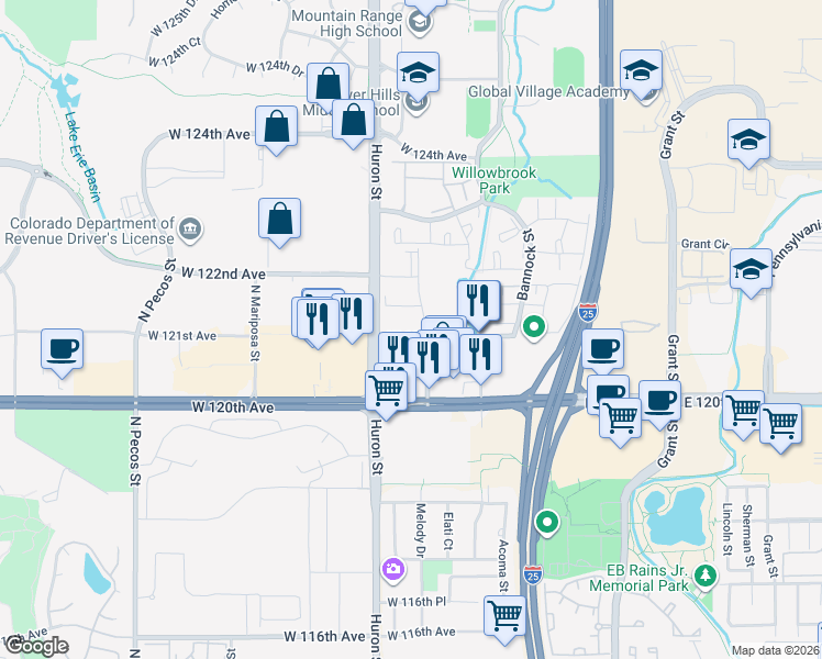 map of restaurants, bars, coffee shops, grocery stores, and more near 12121 Melody Drive in Westminster