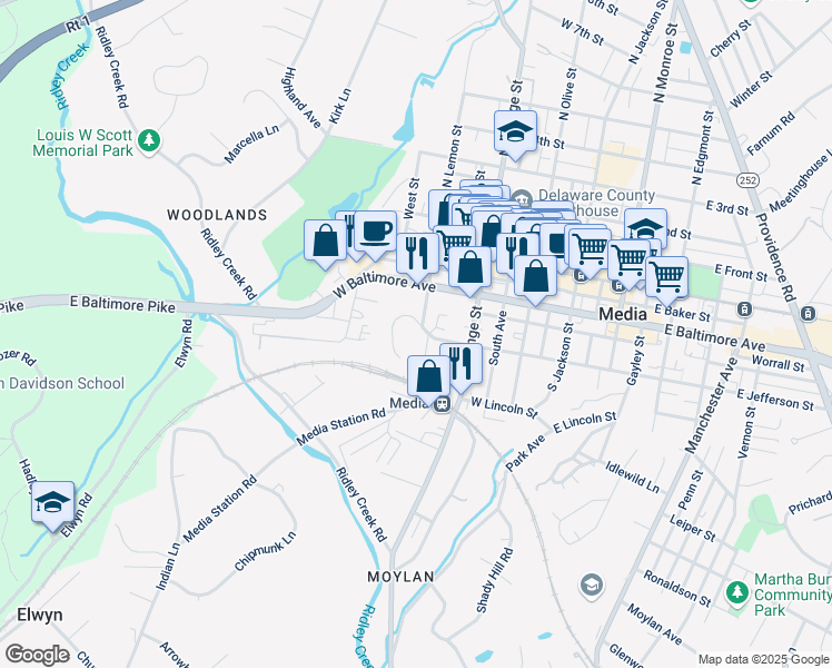 map of restaurants, bars, coffee shops, grocery stores, and more near 400 West Jefferson Street in Media