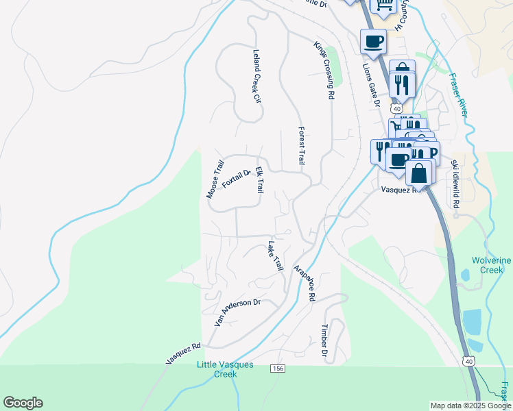 map of restaurants, bars, coffee shops, grocery stores, and more near Elk Trail in Winter Park