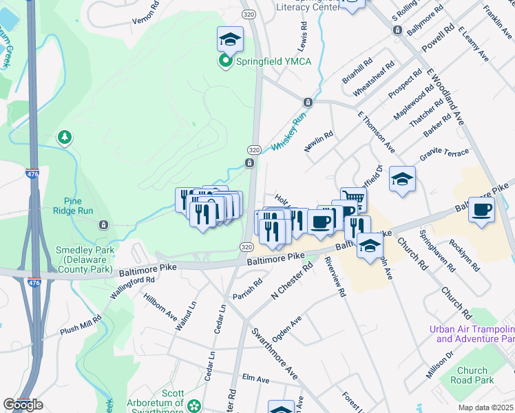 map of restaurants, bars, coffee shops, grocery stores, and more near 320 Gibbons Road in Springfield
