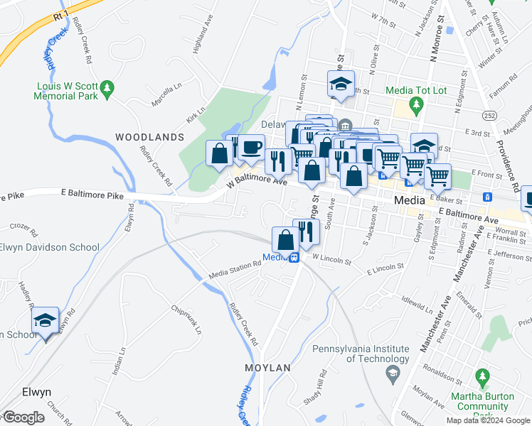 map of restaurants, bars, coffee shops, grocery stores, and more near 420 West Jefferson Street in Media