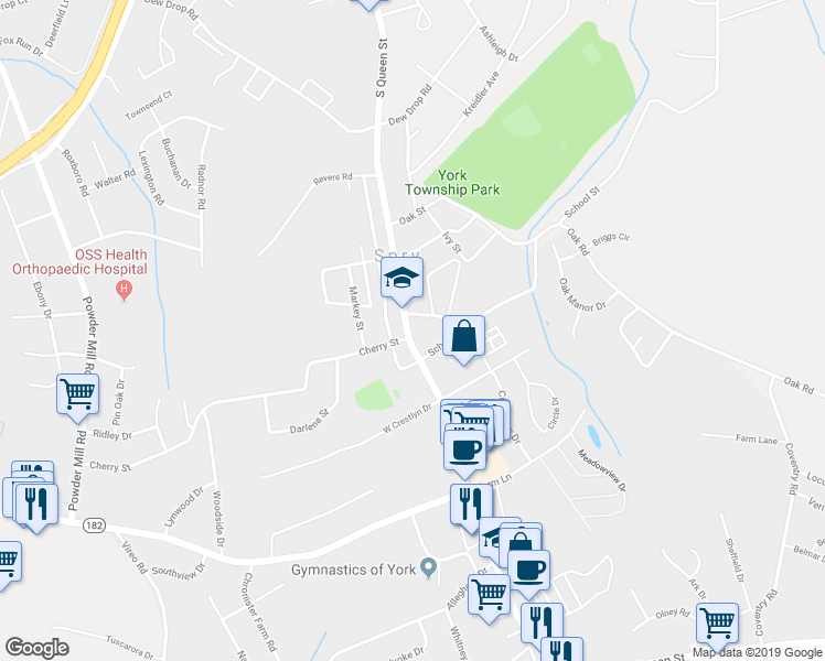 map of restaurants, bars, coffee shops, grocery stores, and more near 2439 South Queen Street in York