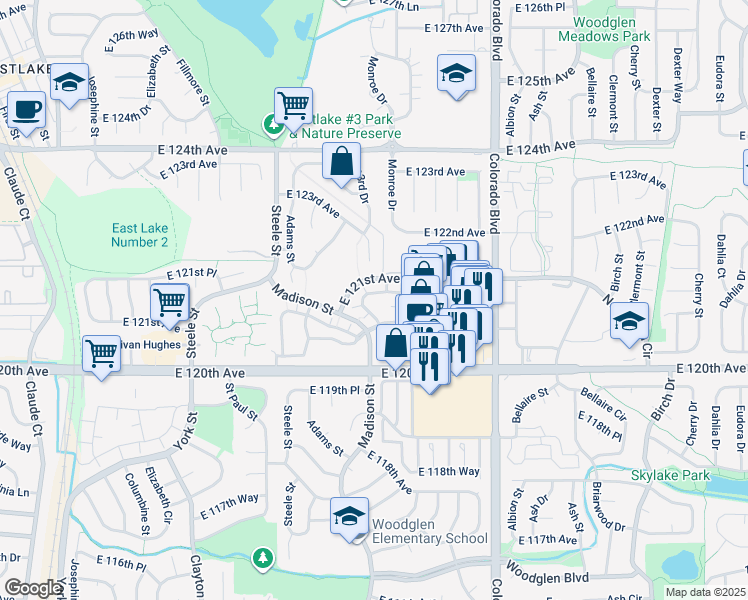 map of restaurants, bars, coffee shops, grocery stores, and more near 26 East 121st Avenue in Thornton