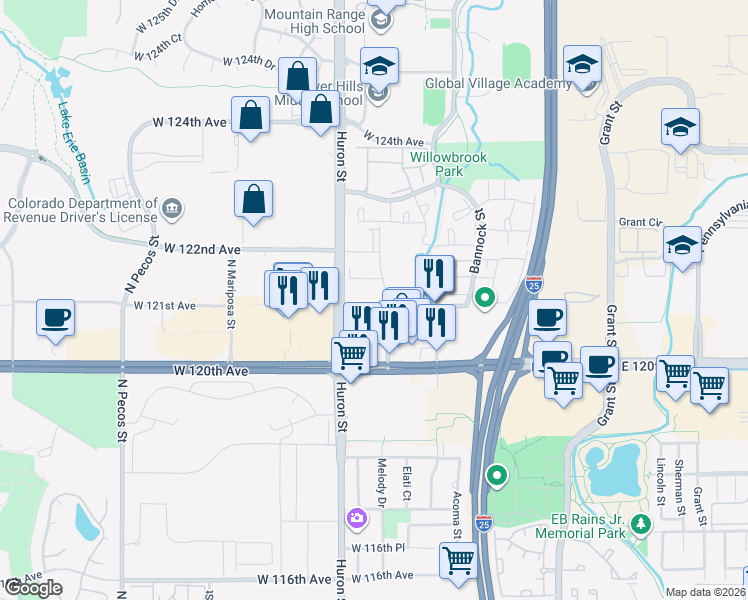 map of restaurants, bars, coffee shops, grocery stores, and more near 12121 Melody Drive in Westminster