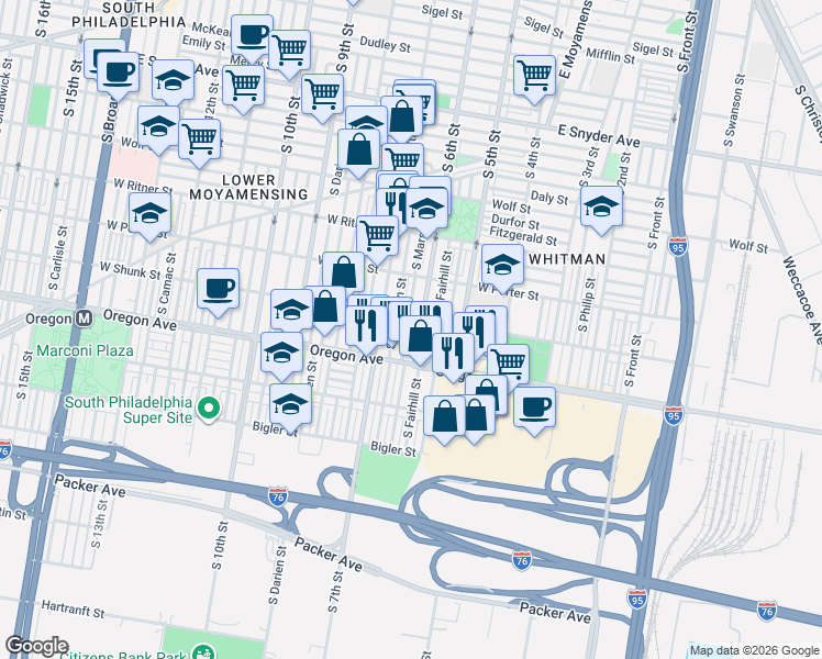 map of restaurants, bars, coffee shops, grocery stores, and more near 2601 South Sheridan Street in Philadelphia
