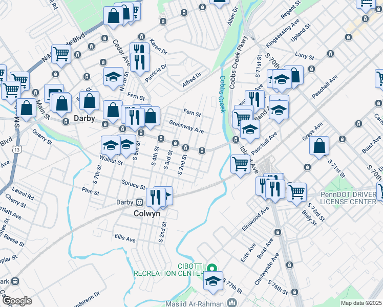 map of restaurants, bars, coffee shops, grocery stores, and more near 124 Main Street in Darby