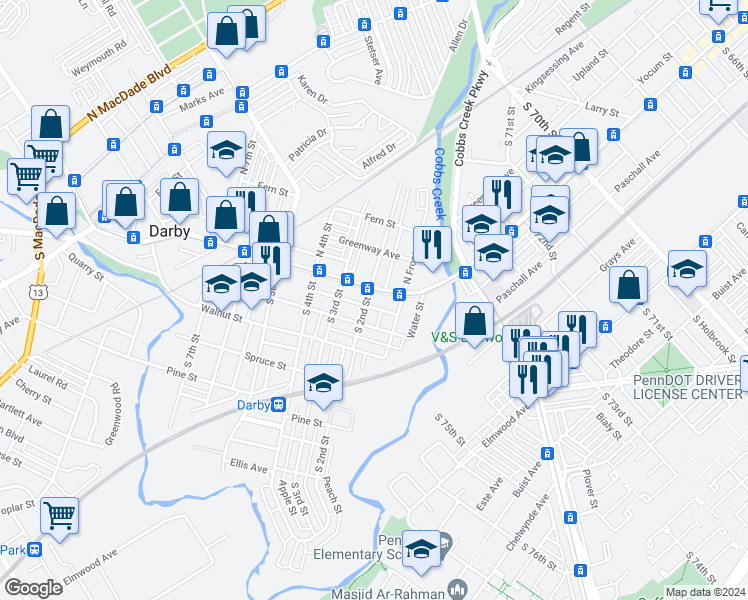 map of restaurants, bars, coffee shops, grocery stores, and more near 124 Main Street in Darby