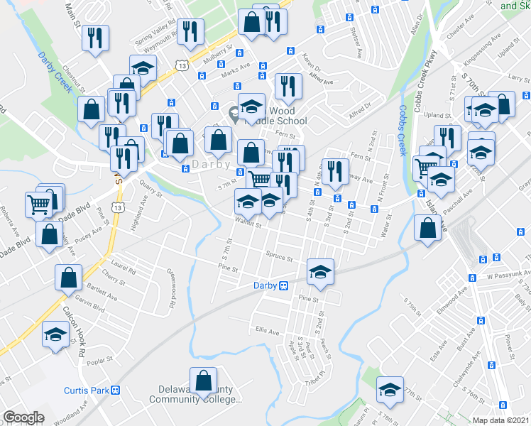 map of restaurants, bars, coffee shops, grocery stores, and more near 102 South 6th Street in Darby