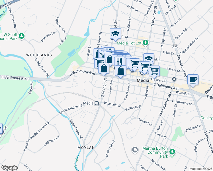 map of restaurants, bars, coffee shops, grocery stores, and more near 311 South Orange Street in Media