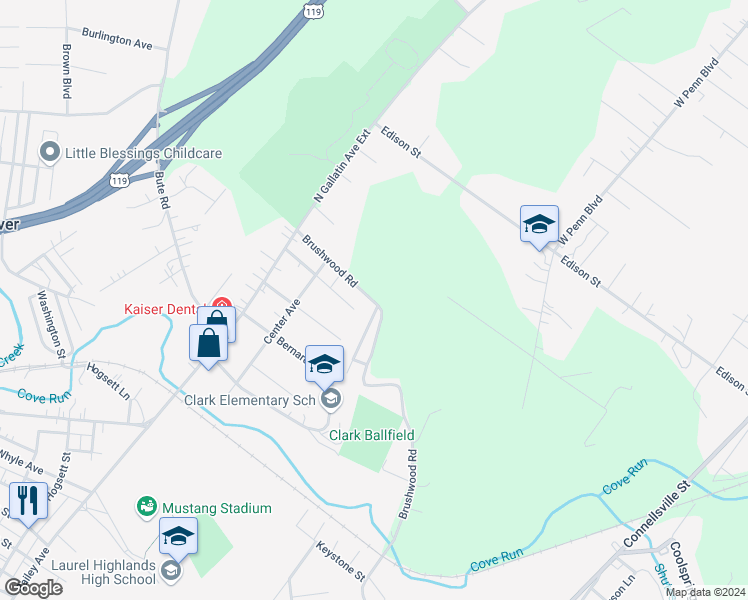 map of restaurants, bars, coffee shops, grocery stores, and more near 138 Brushwood Road in Uniontown