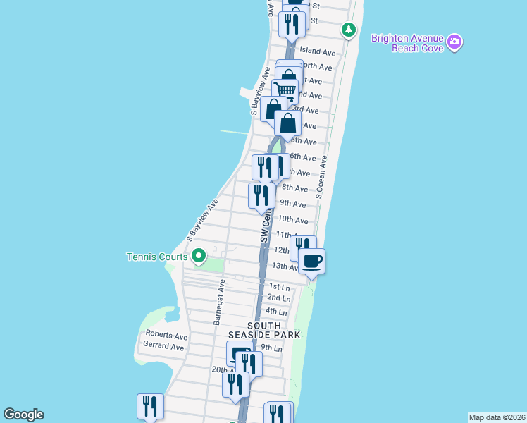 map of restaurants, bars, coffee shops, grocery stores, and more near 120 10th Avenue in Seaside Park