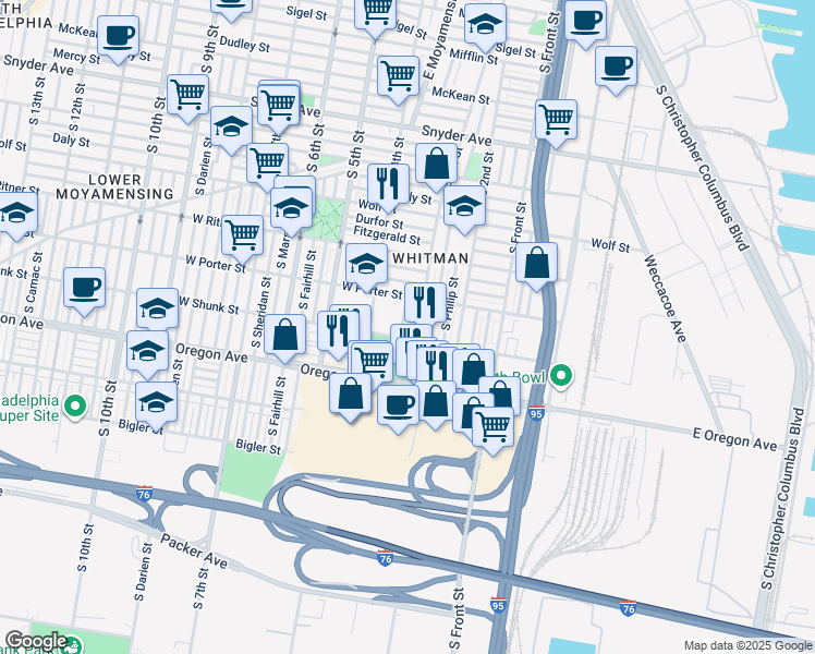 map of restaurants, bars, coffee shops, grocery stores, and more near 2541 South Galloway Street in Philadelphia