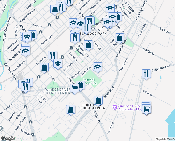 map of restaurants, bars, coffee shops, grocery stores, and more near 6812 Guyer Avenue in Philadelphia