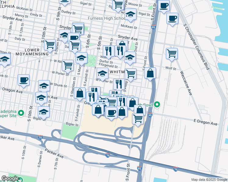 map of restaurants, bars, coffee shops, grocery stores, and more near 2541 South Galloway Street in Philadelphia
