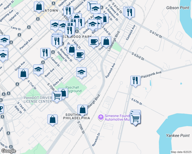 map of restaurants, bars, coffee shops, grocery stores, and more near 6622 Harley Street in Philadelphia