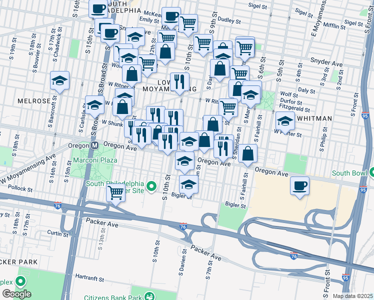 map of restaurants, bars, coffee shops, grocery stores, and more near 2643 South Percy Street in Philadelphia