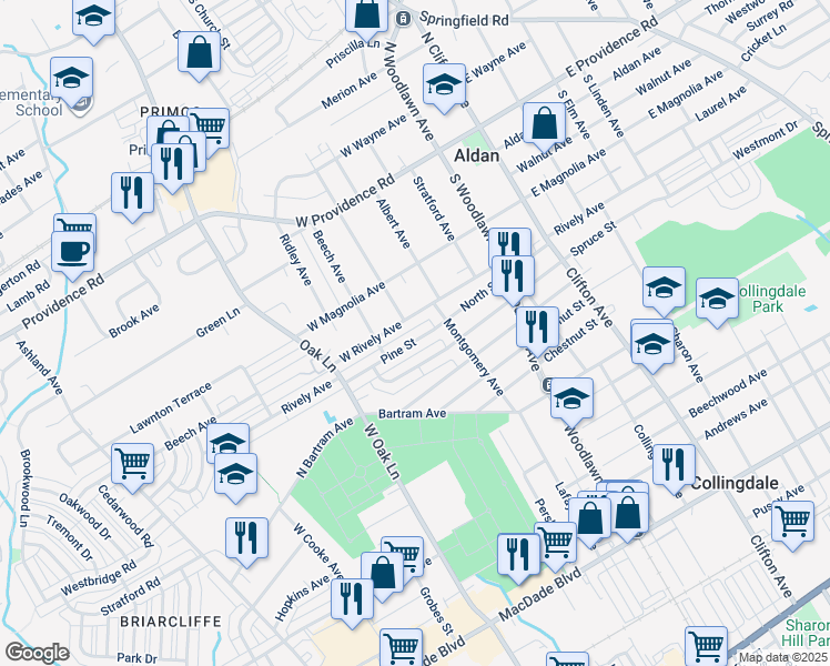 map of restaurants, bars, coffee shops, grocery stores, and more near 241 Pine Street in Glenolden