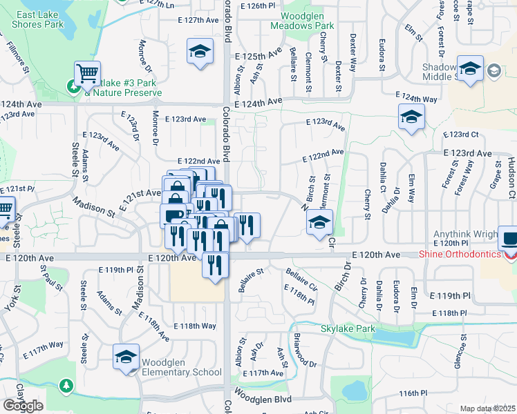 map of restaurants, bars, coffee shops, grocery stores, and more near 12090 Colorado Boulevard in Thornton