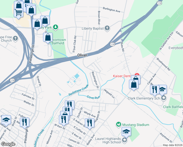 map of restaurants, bars, coffee shops, grocery stores, and more near 204 Washington Street in Oliver