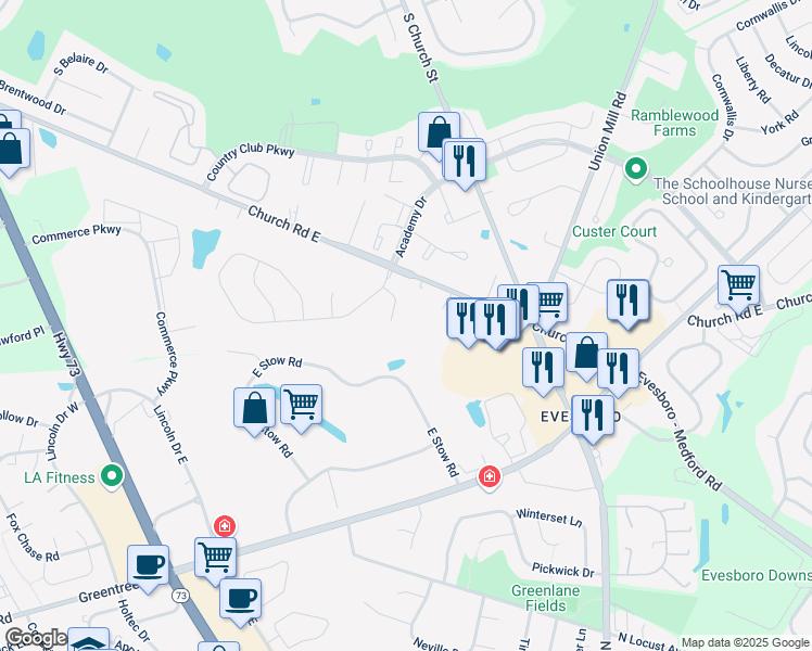 map of restaurants, bars, coffee shops, grocery stores, and more near 112 Wellesley Court in Mount Laurel Township
