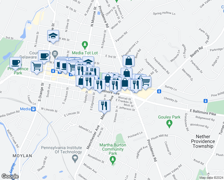 map of restaurants, bars, coffee shops, grocery stores, and more near 397 East Baltimore Avenue in Media