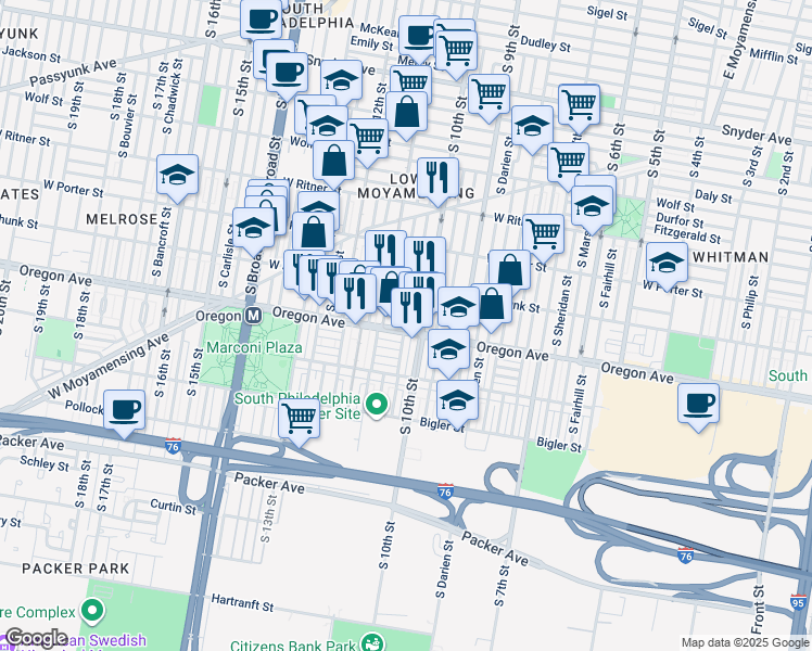 map of restaurants, bars, coffee shops, grocery stores, and more near 2654 South Alder Street in Philadelphia