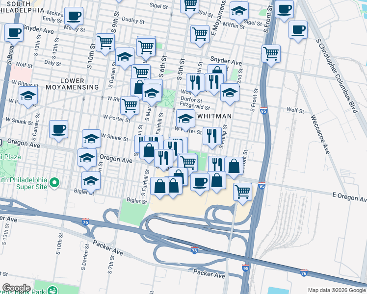 map of restaurants, bars, coffee shops, grocery stores, and more near 408 Vollmer Street in Philadelphia