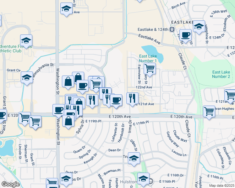 map of restaurants, bars, coffee shops, grocery stores, and more near 12150 Washington Center Parkway in Thornton