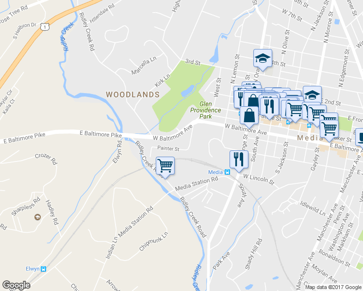 map of restaurants, bars, coffee shops, grocery stores, and more near 615 Painter Street in Media