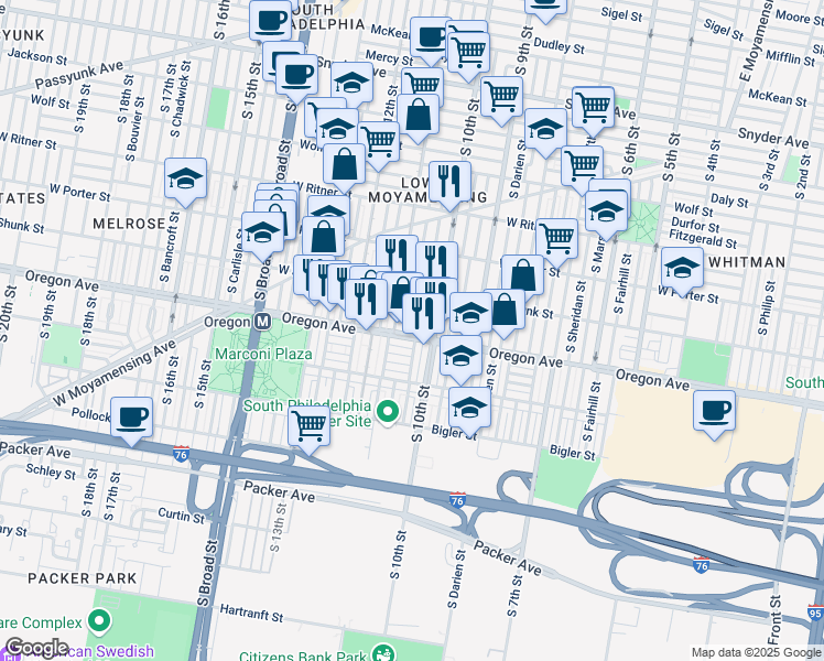 map of restaurants, bars, coffee shops, grocery stores, and more near 2640 South Alder Street in Philadelphia