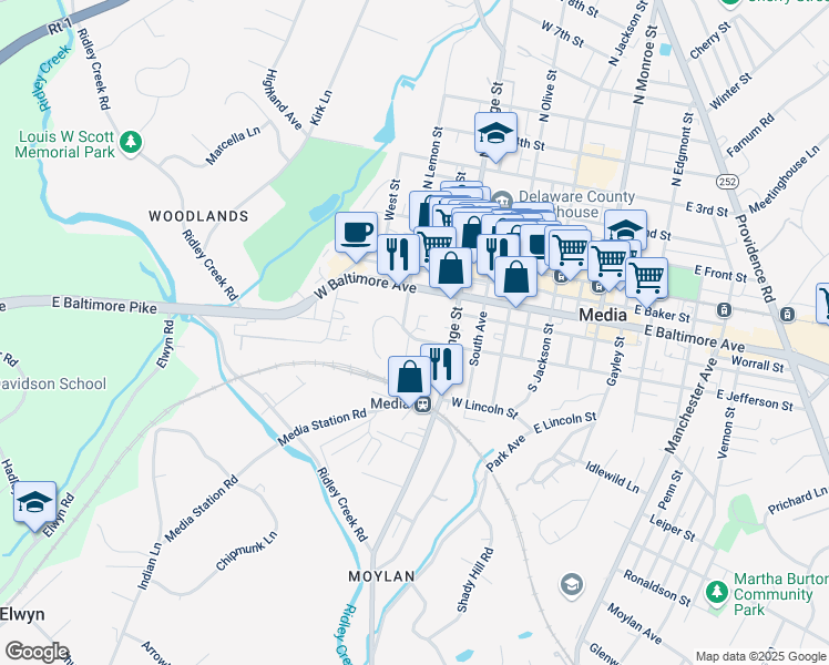 map of restaurants, bars, coffee shops, grocery stores, and more near 345 West Jefferson Street in Media