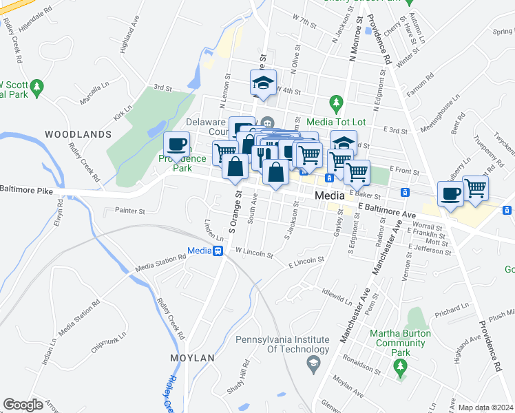 map of restaurants, bars, coffee shops, grocery stores, and more near 309 South Avenue in Media